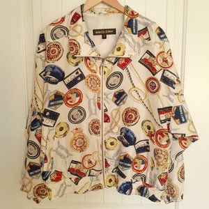 Vintage River Edge Silk Nautical Print Bomber Jacket Cream Blue Red Size L